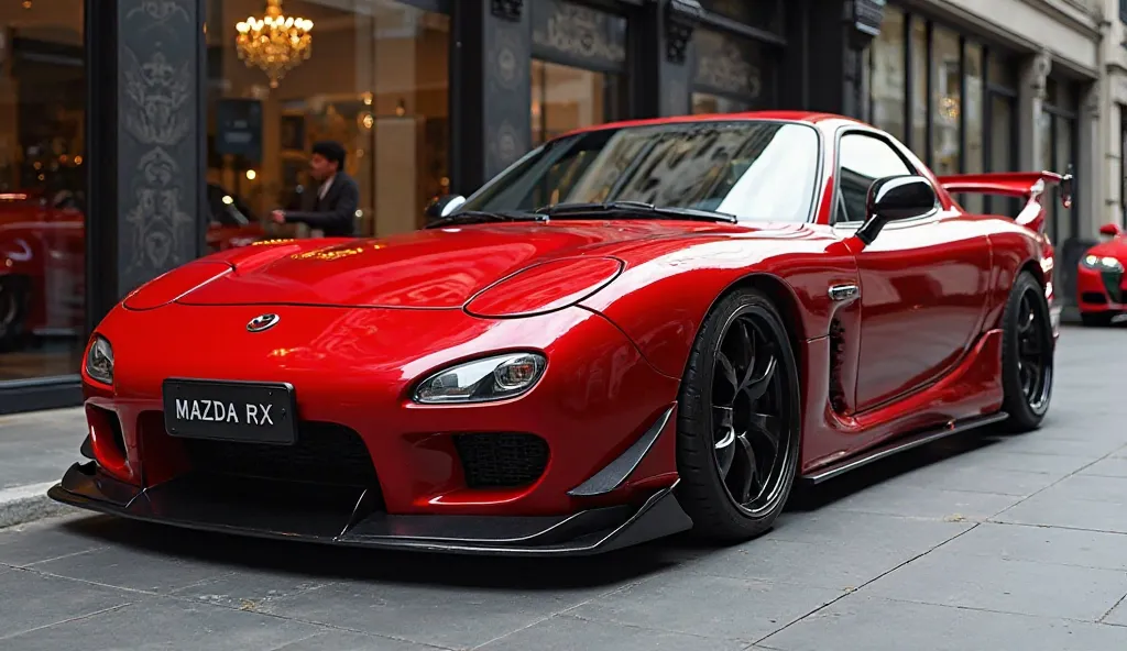 Aggressive front right view of painted  red  with shiny clour  modified mazda rx7 dark  sleek in large shape sedan in large size with mazda logo on its large detailed grille in shiny black  clour with angular sporty design captured from close front right l...