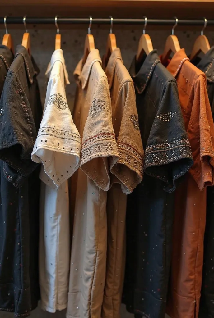 Simple colors like balck white brown etc cuban shirts hanging in a corner 