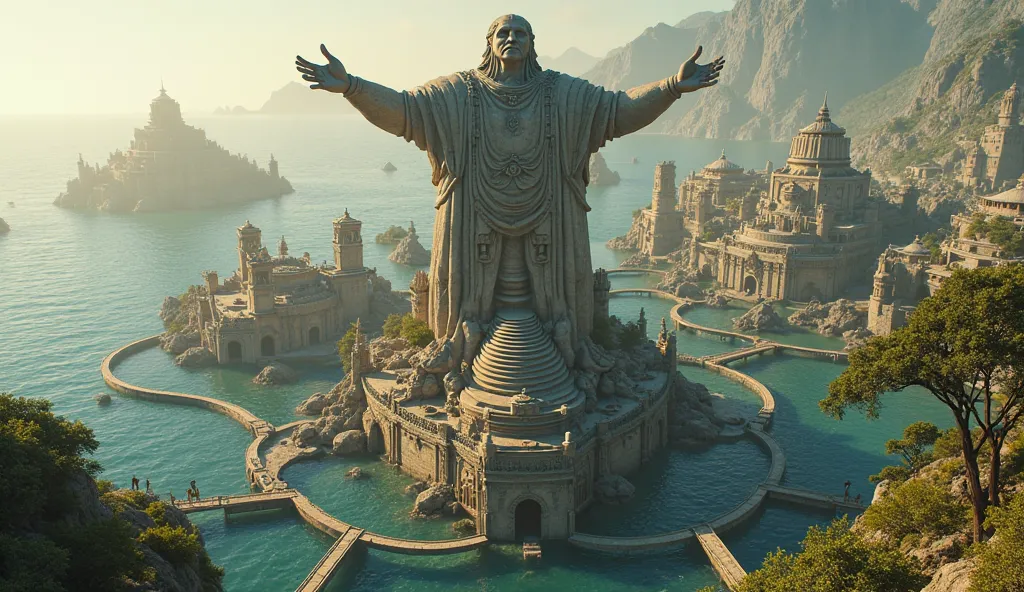 at noon, captures an elevated view from different angles of an ancient ancient city surrounded by water. In the center of the city there is a gigantic sculpture of an Atlantean god standing with his arms extended that rises above the water. The city is bui...