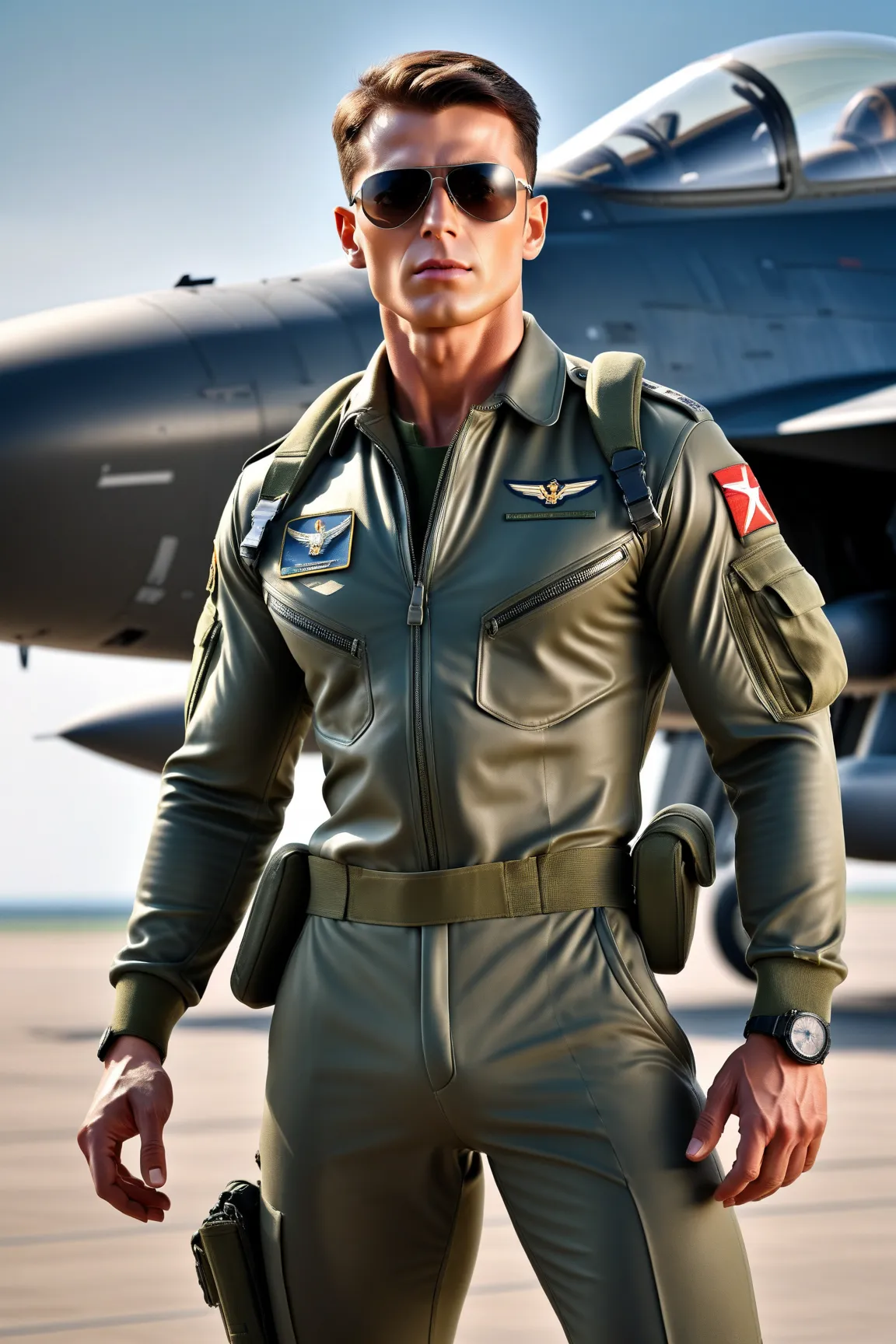 Absurd resolution, high resolution, (masterpiece: 1.4), super detailed, (((detailed face, detailed expression, full body shot)), atmosphere, one muscular, handsome, beautiful military aircraft pilot dressed in uniform. Very handsome, sun-glasses and a fitt...