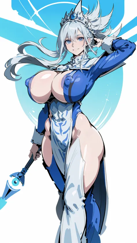 Silent magician, milf, old woman, ((  flushed, smile coqueta, blue eyes)) ,  (( flushed, smile, oiled skin)), white hair, long hair,  spiky hair, curvy body, (( big sagging breast,  wide hips, wide thighs)), long legs,  Iparuputsua, cameltoe,  looking down...