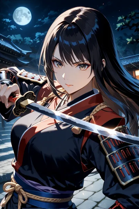 masterpiece, top quality,  beautiful woman ,  character emphasis , One person, upper body, long hair, samurai, Ninja,  Japanese Armor ,,In a pose holding a sword, Dynamic Angle, focus on your face,  Moonlit Night, Ancient Kyoto