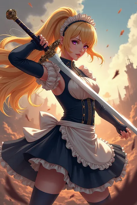 Armed Maid Holding Pretty Sword Anime Illustration Long Hair Blonde Battlefield Background Maid Warrior