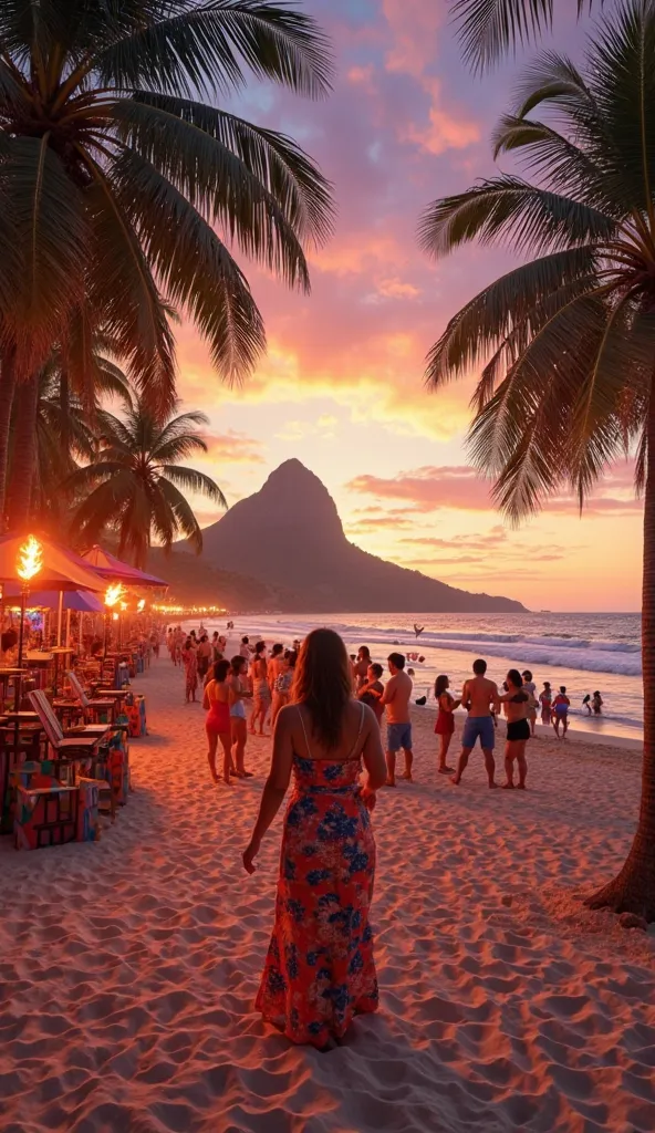 "From a first-person perspective, you walk along the soft, golden sands of Copacabana Beach at sunset. The warm ocean breeze rustles through towering palm trees, and the sky is painted in breathtaking hues of orange, pink, and deep purple. Ahead, a vibrant...