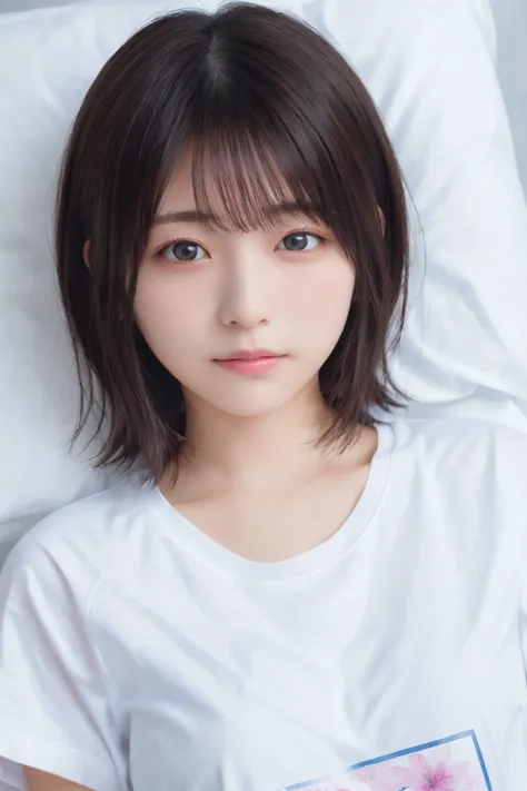 masterpiece, highest quality, one woman, (t-shirt、Sleeping girl:1.2), Age 25、(RAW 写真highest quality), (reality, reality的:1.4),  sexy、 iris、very detailed eyes and face,  beautiful and detailed nose, beautiful eyes, perfect anatomy、short hair、Chest Valley、sh...