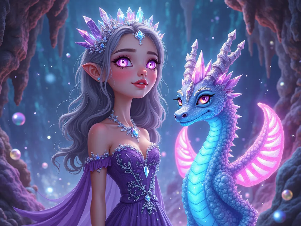 A mystical portrait of an enchantress standing in a glowing, crystal-filled cavern, her beauty and magic radiating in a vibrant cartoon style. Her pale, luminous skin glows softly under the light of floating crystals, and her multicolored eyeshadow blends ...