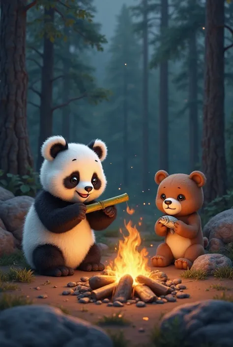 "A white baby panda happily munching on a bamboo stick while sitting beside a crackling campfire, its soft fur glowing in the warm light. Nearby, a brown baby bear is perched on a large rock, enjoying a freshly caught fish, with its paws gently holding the...