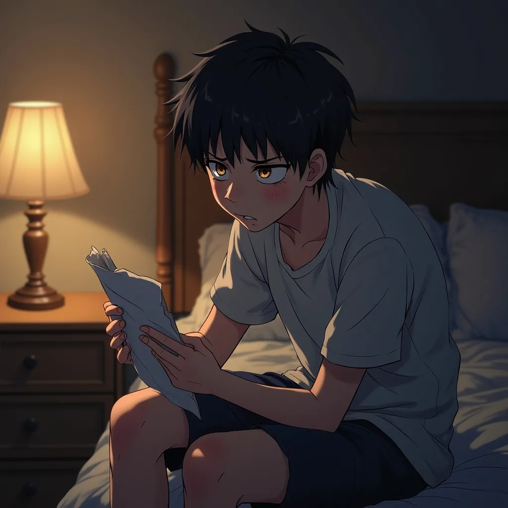 in anime style "A dramatic anime-style scene: A young man with short dark hair and intense eyes sits on the edge of a bed in a dimly lit bedroom, holding a crumpled letter with trembling hands. His expression is a mix of shock, heartbreak, and quiet fury. ...