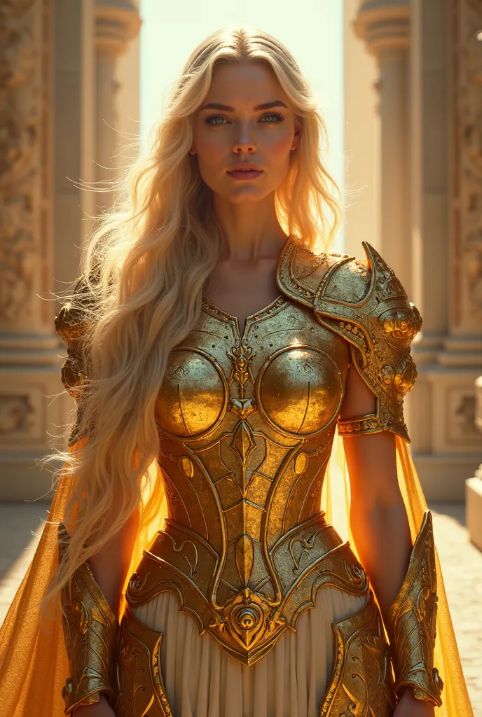 Create a narrative involving a blonde woman with magnificent presence. Ela se ergue como uma super rainha, wearing dazzling golden armor that glitters in the sunlight. Seu olhar, ao mesmo tempo gracioso e poderoso, cativa todos ao seu redor.

on his right ...