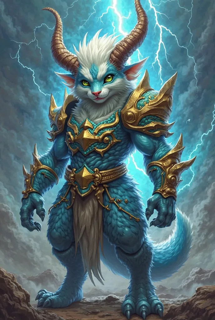 A badass, fantastical creature struts its stuff, decked out in glowing blue and gold armor with wicked horns. It stands tall against a stormy sky, lightning crackling around it. Its fur is a killer mix of white and blue, and its intense green eyes give off...