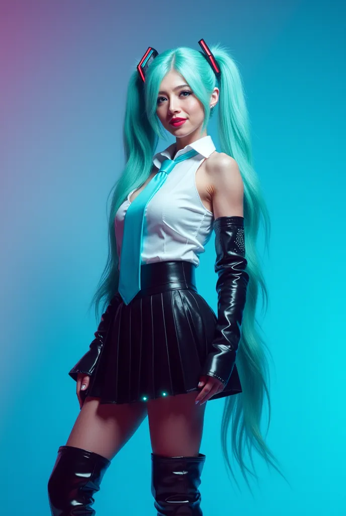 A breathtaking, hyper-realistic, ultra-high-resolution (8K UHD) full-body studio portrait of Hatsune Miku in a dynamic and elegant modeling pose. She stands with one leg slightly forward, her body angled gracefully, one hand resting on her hip while the ot...