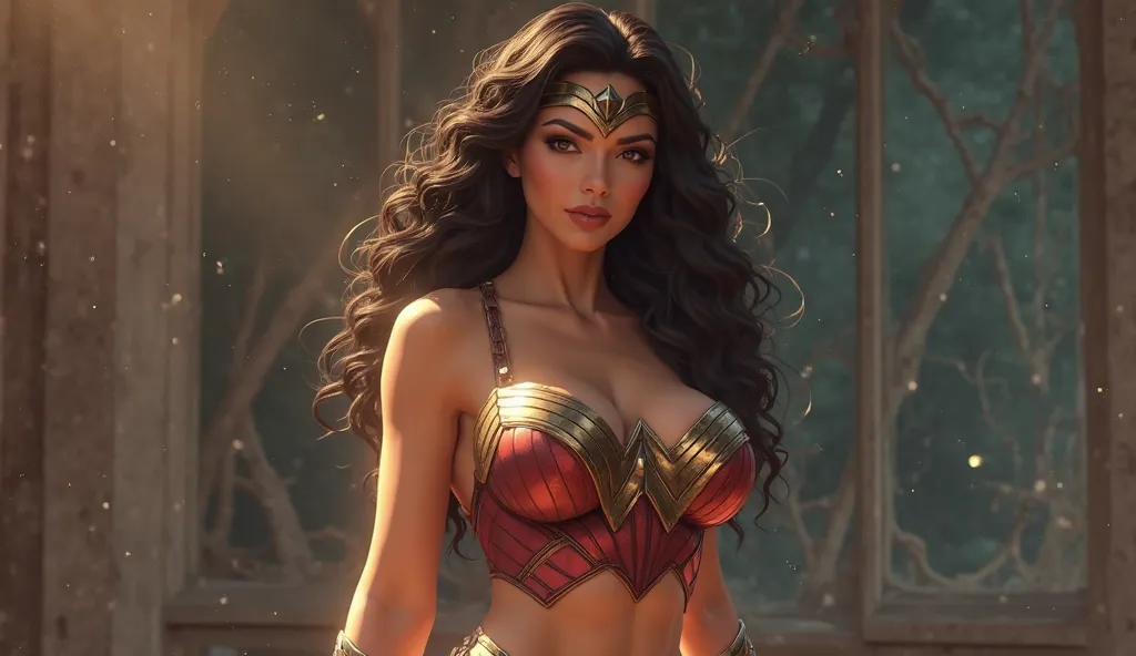 wonder woman, curly hair, with gstring big ass big boobs, a littler bra on her boobs. sexy