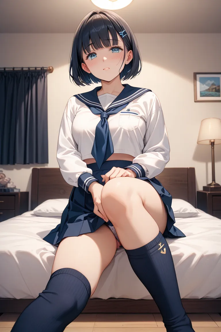 Japanese woman with very short dark hair,shy expression,sailor suit,navy blue knee-length skirt,navy blue high socks,Athletic build,ren's room at home,bed,grandpa,Together with grandpa,Trying to take off a woman's skirt, correct number of fingers,fat old m...