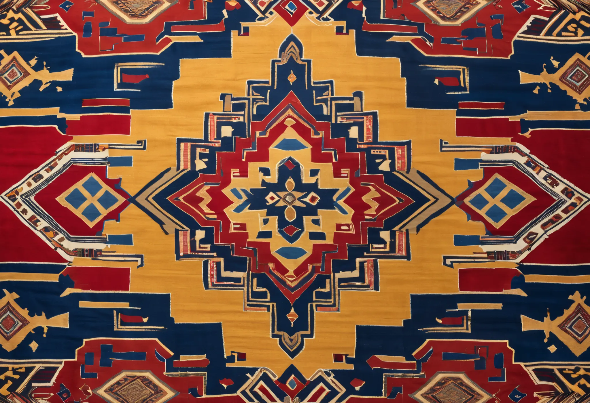 close up of a yellow and blue rug with red and blue design,  large motifs , synthetic polymer paint linen,  graphic details , Symmetrical details,  symmetrical design ,  Morning Details , fibers, Tapestry, Deco, Gemini Gold Robe, fiber print,  tribal yurta...