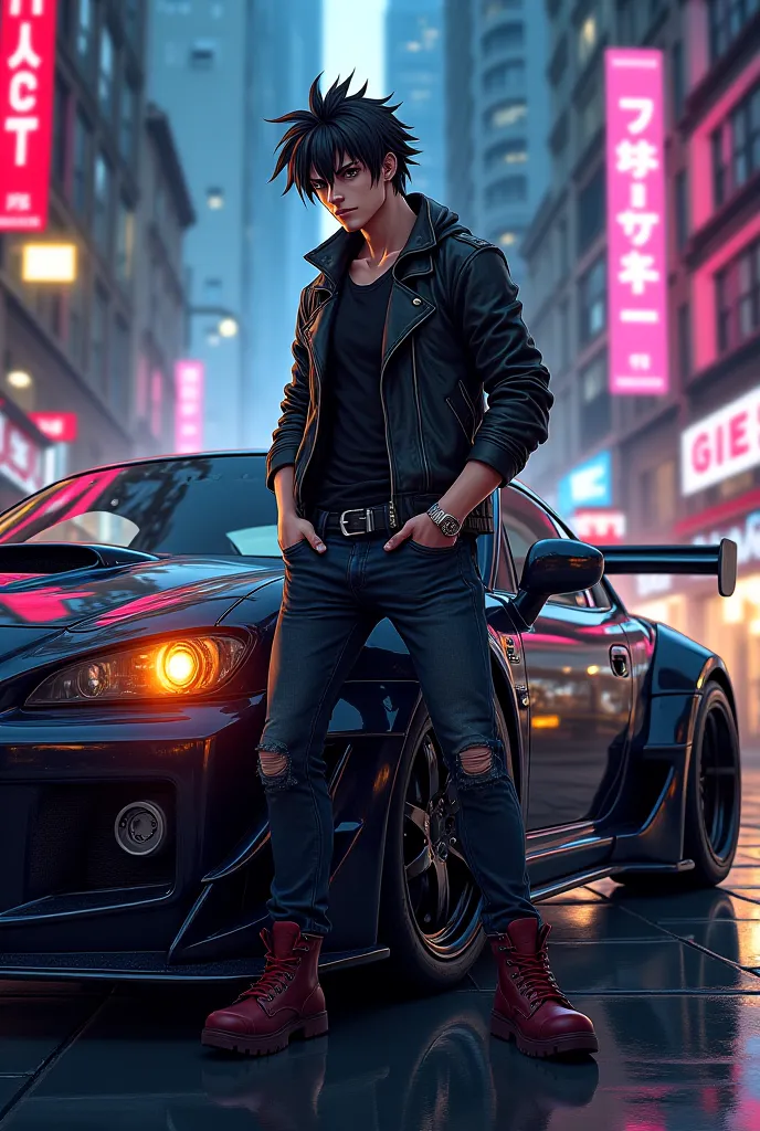 anime bad boy with car and guns