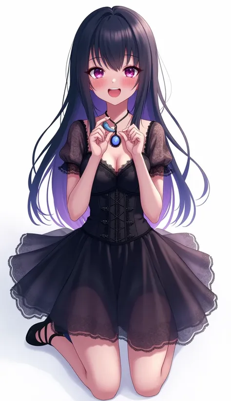 Japanese anime adolescent woman with long straight black hair degraded from blue to purple, giving her a striking look and intense magenta eyes and wears a black dress with lace and corset details on the front. The dress has short lace sleeves and a volumi...