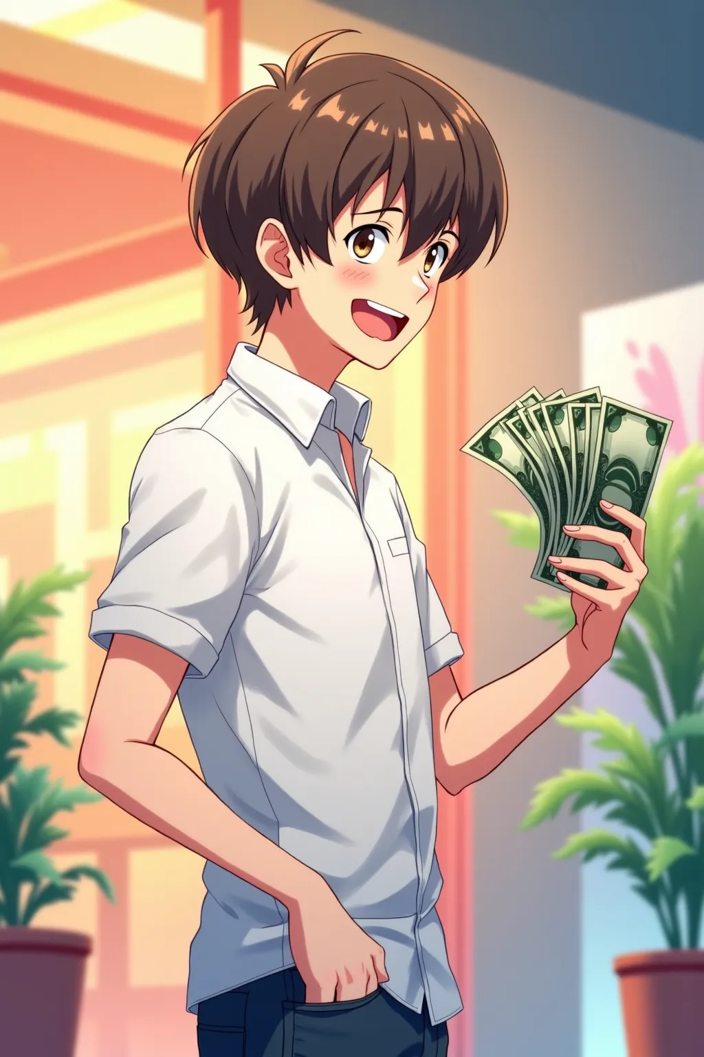 Anime style. Man brown hair, white shirt. Stands sideways at full height.  side view. It's in a bright store. Joyful holds cash dollars. 