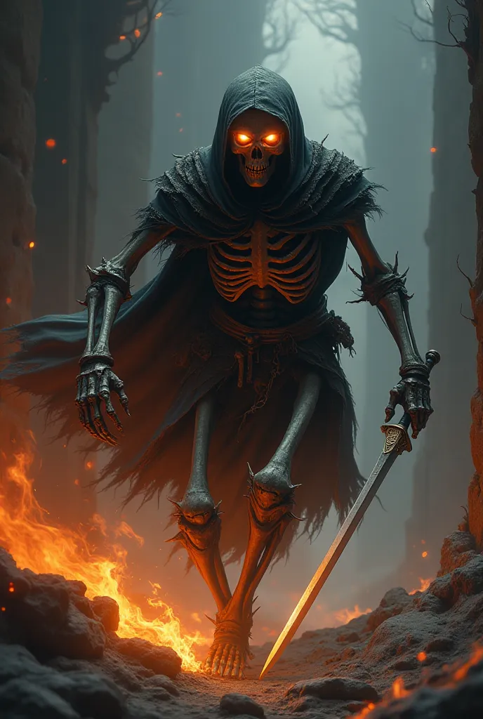 Medieval 15th century human skeleton walking fighting with sword and dark with fire in the eyes 