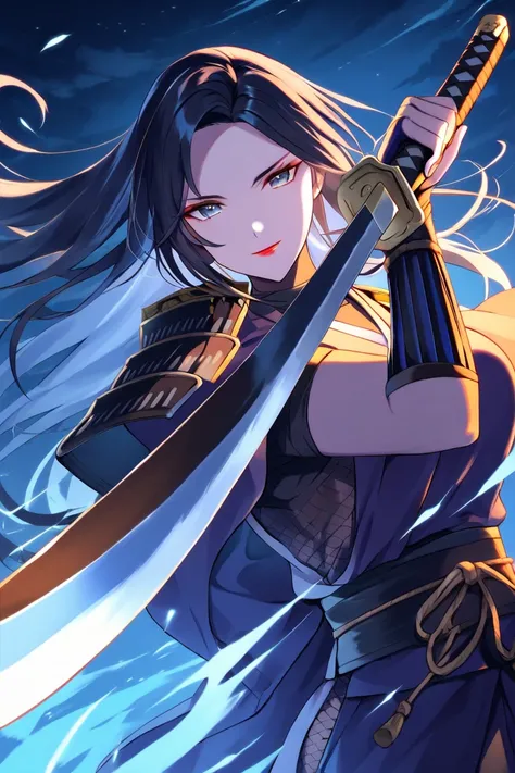 masterpiece, top quality,  beautiful woman ,  character emphasis , One person, upper body, long hair, samurai, Ninja,  Japanese Armor ,,In a pose holding a sword, Dynamic Angle, focus on your face,  Moonlit Night, Ancient Kyoto