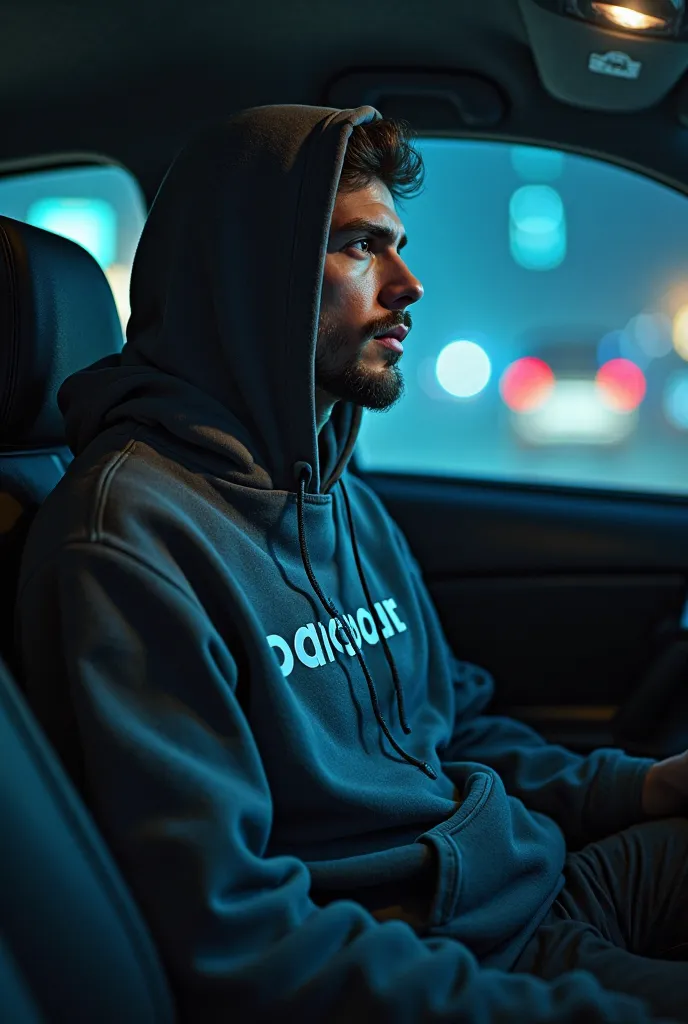 A man is sitting in a car, in a hoodie with the inscription  "Night passes" with a blue headline "PARQOUR"