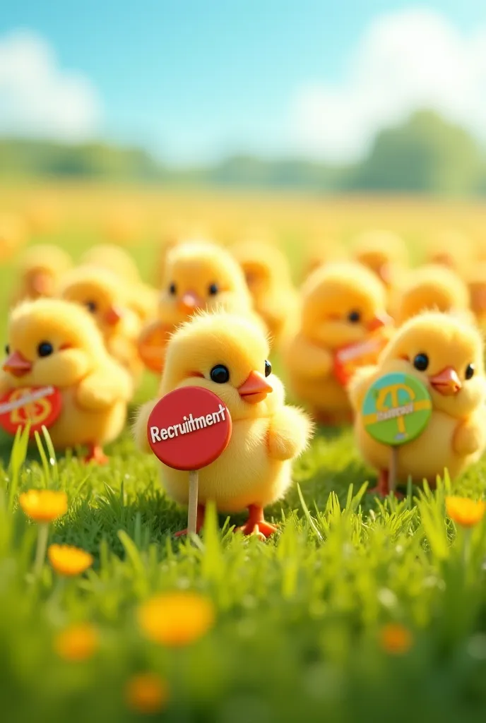 Stv faut que se sois sur un gros plan une prairie avec énormément de petit poussins avec plein de poussin qui porte un bouclier devant lui, qui tienne des pancartes écris recrutement Bien écris 