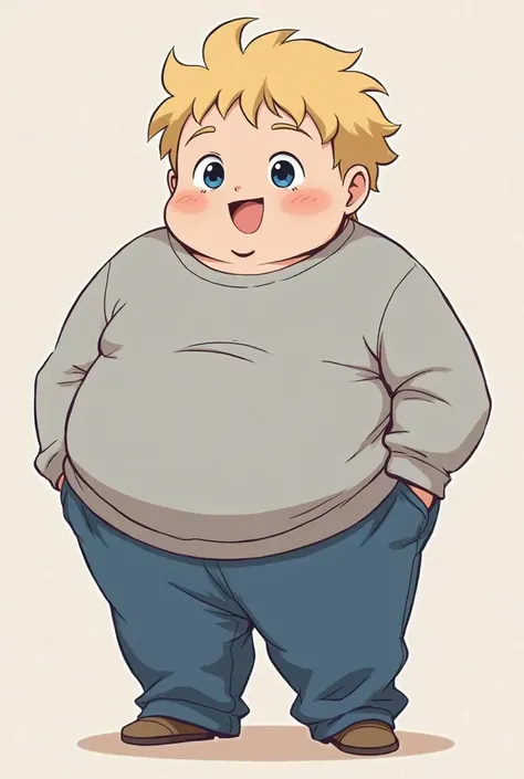 Draw a chubby and cute adult boy in anime style, with short blond hair, with blue eyes wearing a wide gray sweatshirt with wide blue pants
