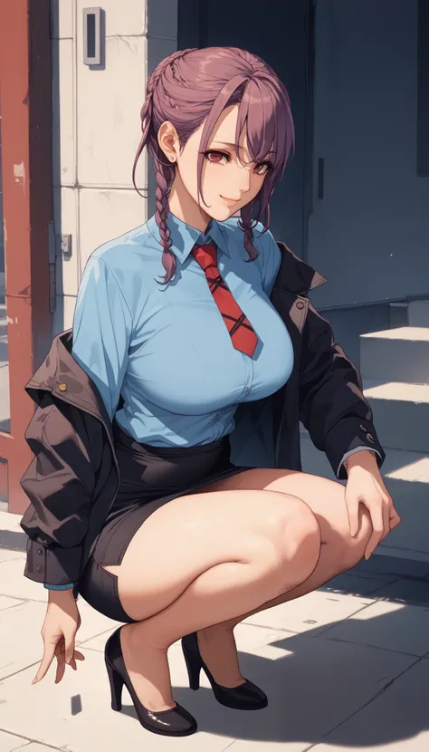 score_9, score_8_up, score_7_up, 
1 girl crouching, Sakurai Sawa, purple hair, mature woman,  long side lock, braided bun, red eyes, big breasts,

smile, viewer, blue shirt, Black Jacket,micro pencil skirt,high heels, tie, 


