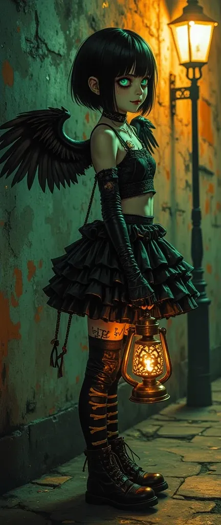 Night street. The light of a street lamp. A young Asthenic girl in a cosplay costume in Gothic style stands in the light of a street lamp. Full-length image. The body is turned in half a turn. The head is lowered. A look from under the brow. Short black ha...