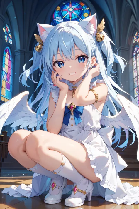 full body、 front view、
An angel girl flew down to church、
1 girl crouching,smile、 long hair, Gold, two side up, 6 white wings、blue eyes, circle of angels in dark, Cat ears, cute face、White Dress、
photos、
High Resolution, masterpiece, accurate, anatomica...