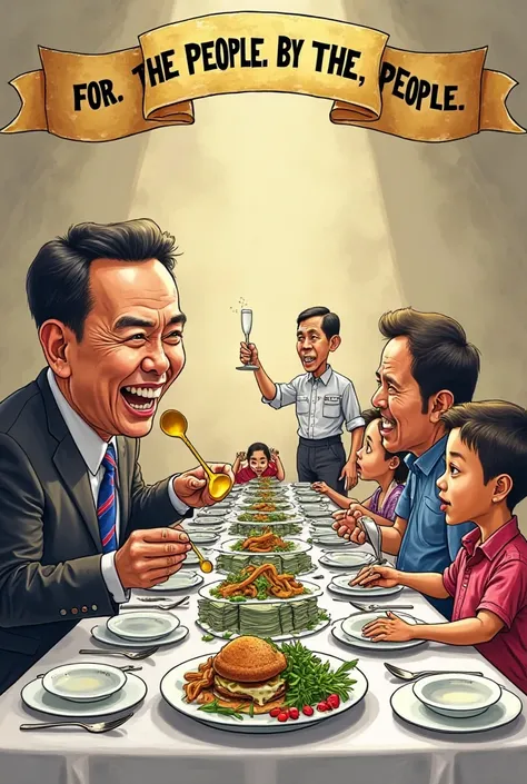 Caricature Concept: "The Golden Spoon vs. the Empty Plate"

On one side of a long dining table, a politician with a golden spoon is eating a feast, surrounded by stacks of money and luxury items. His plate is overflowing, and he is laughing while making a ...