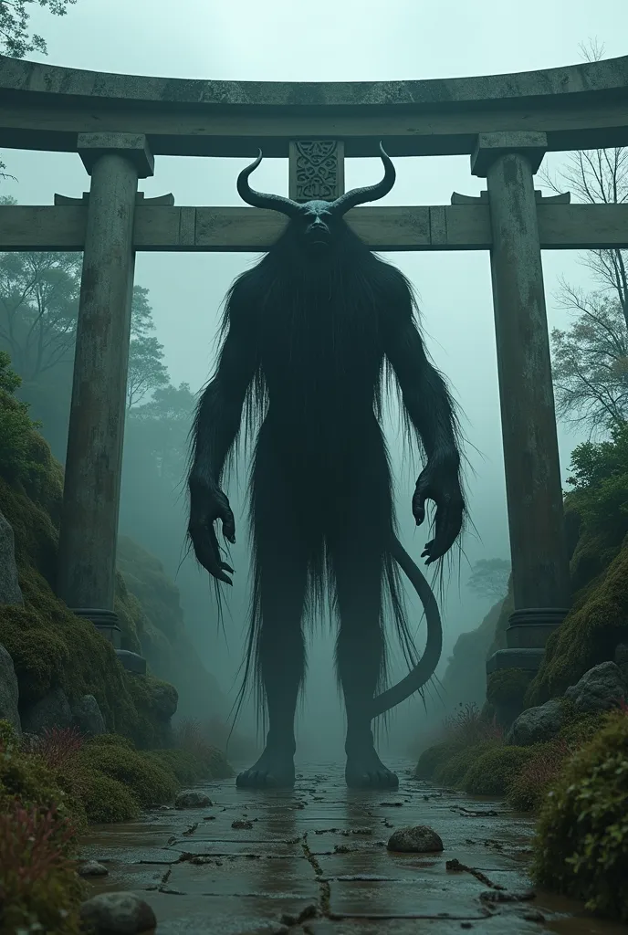 movie scene、 Imprint Image、8k、torii、temple、Covered entirely in hair、A devil whose arms are long enough to touch the ground、unmanned