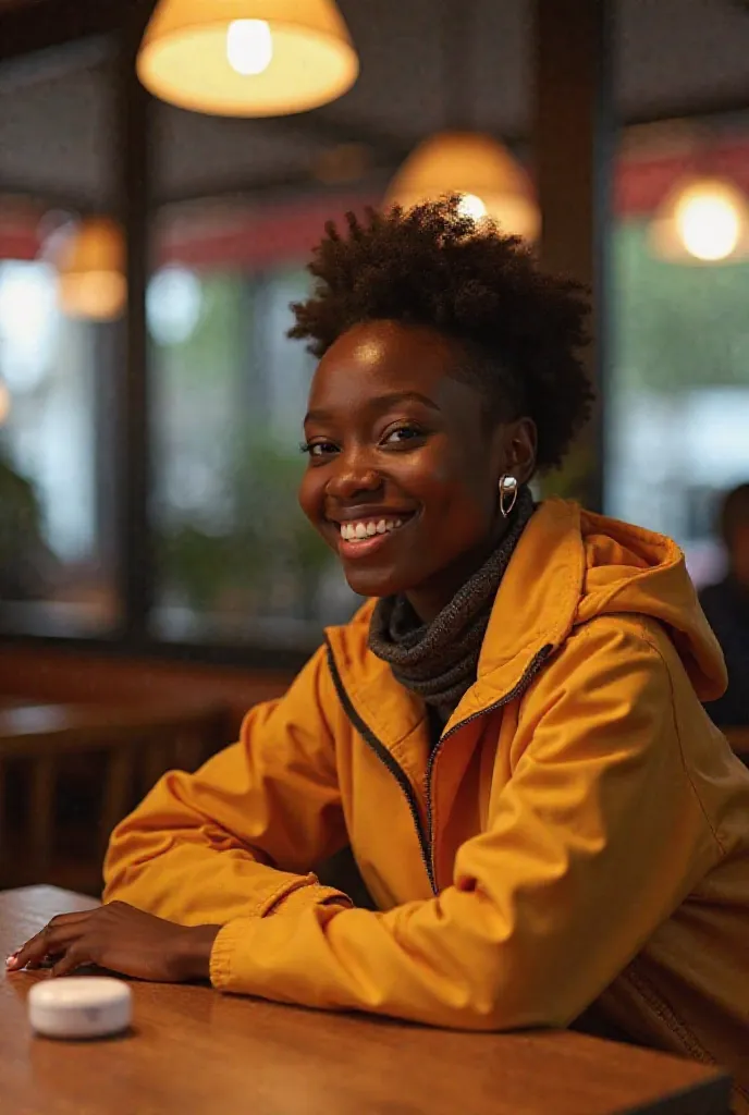 Une femme ebene Togolaise souriante dans un restaurant bien éclairé, elle est seule à table et habillé en street wear... Sur la table se trouve son airpods dans un étui en fourrure.

Qu'il y ait un écouteur dans son oreille et l'autre dans la boîte 