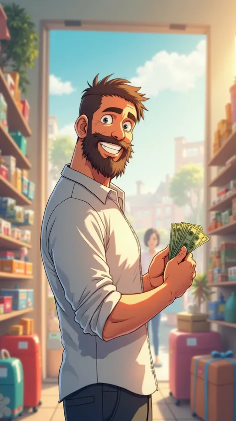 Anime style. man 40 years old, brown beard, brown hair, white shirt. is full-length. He stands with his back to us a little bit. It's in a bright store. Joyful holds cash dollars. 