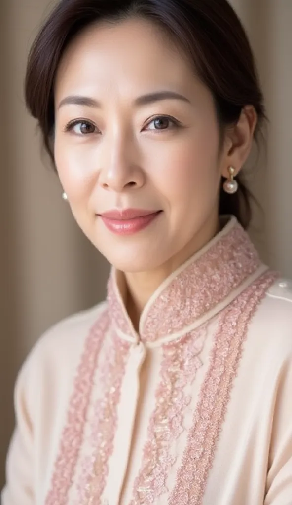  Close-up portrait , A 52-year-old Japanese woman,   natural makeup ,  natural hairstyle  , Elegant Smile Line,   unparalleled beauty ,  high resolution,  masterpiece,  Top Quality,  high detail, (  sharp focus : 1.4), (  depth of coverage ), ( actual : 1....