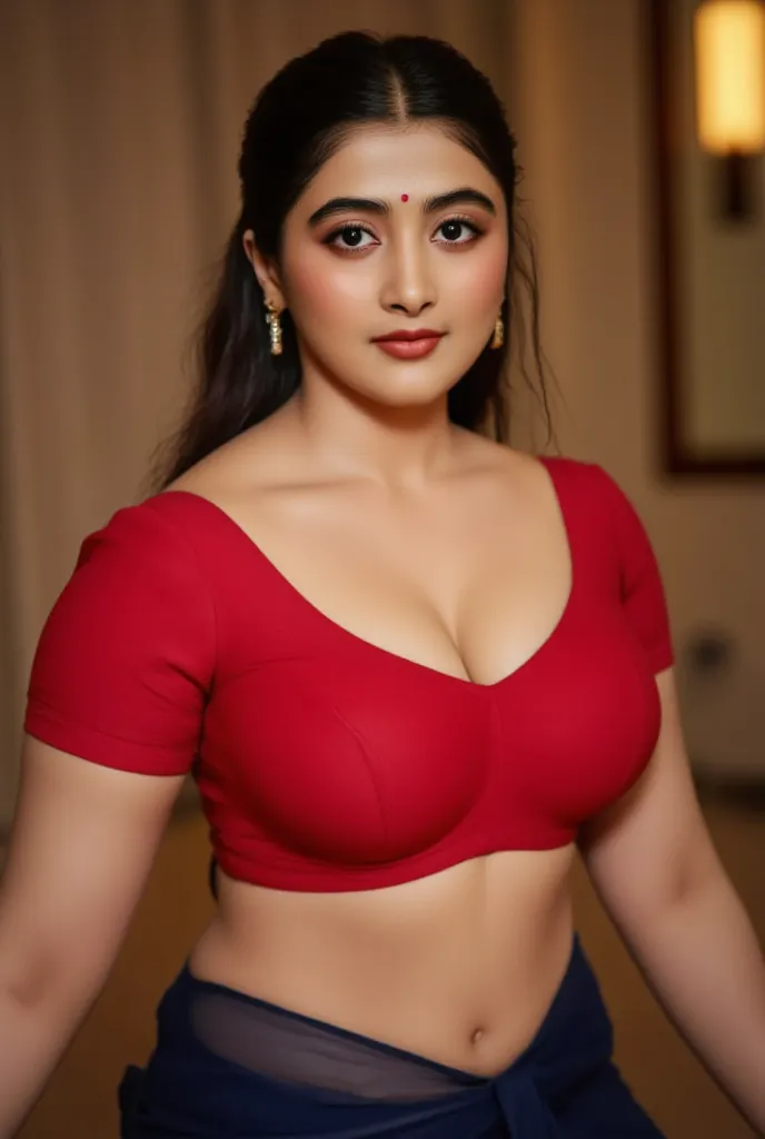 Lady Pretty like princess, Indian woman is wet, she is wearing dark blue transparent saree on a bright red blouse, saree completely dropped on the floor, Large U Cut cleavage exposed, navel and complete midriff revealed, tight ,she is sweating heavily whil...