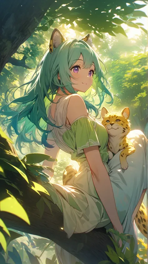 ((Better quality)), (( Masterpiece )), ( details), girl with cheetah ears, climbed a tree, Smiles,  Anime style