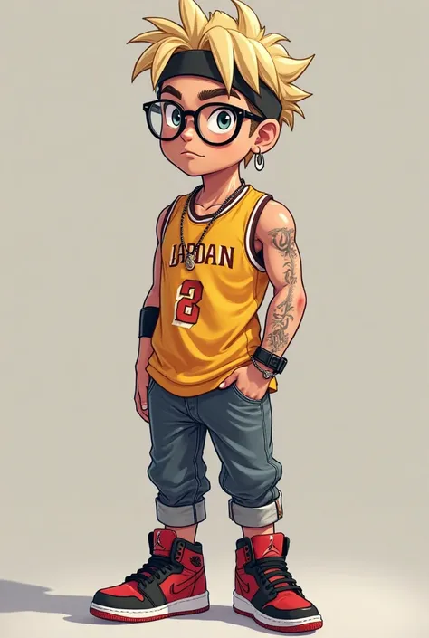 Anime style same trait as the first image:Name:Jimmy
Age:19
Weight:95 kg
Height:2,15 meters
Body Type:skinny
Hair Color:Blonde
Eye color:gray
How do you dress:basketball headband black glasses,a pair of earrings,a necklace with a crop of R$,basketball jers...