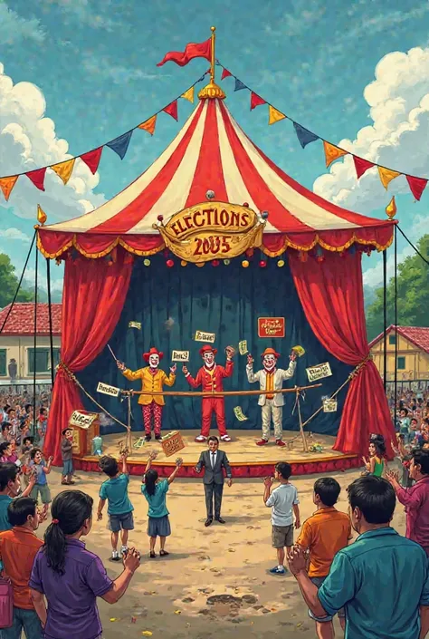 Caricature Concept: "The Election Circus"

A big circus tent labeled "Elections 2025" is set up in the middle of a struggling community.

Inside the tent, politicians dressed as clowns are performing tricks—one is juggling bags of money ("Campaign Funds"),...