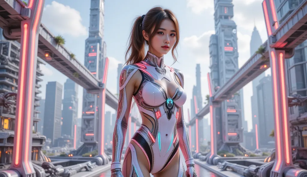 Future cityscape。girl in futuristic costume。