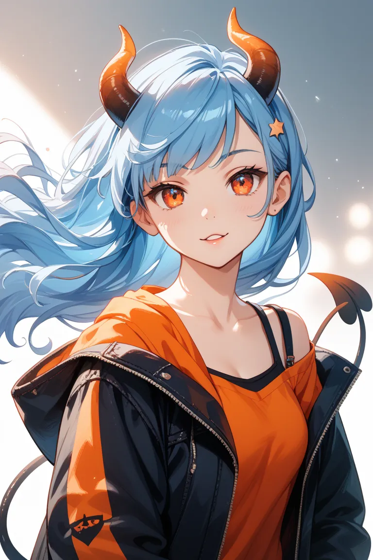 blue hair with a stand、 orange eyes 、long hair、casual outerwear over a shirt、Devil's Tail、Upturned mouth corners、Hiding one eye