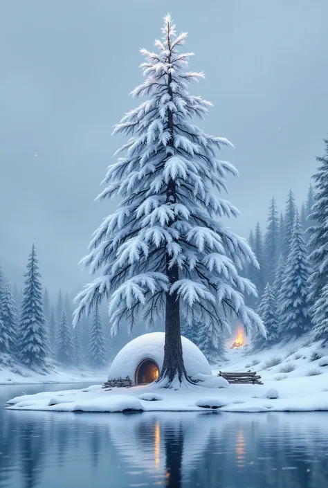 Tree with snow next to a frozen lake, In the background an igloo, with woods on a hot fire