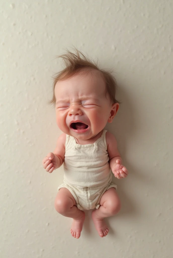 A little 2-month-old baby girl is lying on the wall and the girl is crying