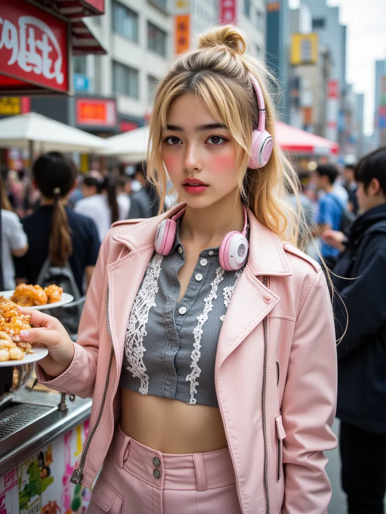 8k, excellent performance, Top Quality, blonde, Long curly hair tied into a bun, hair a little messy,Light Pink Leather Jacket ,leather of the same color, lace details,  Crop, button, Gray shirt, sweater,  Light Makeup, Shiny Pink Lipstick,  , stood buying...