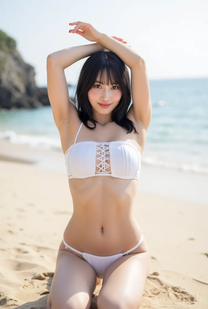 Kneeling with crotch spread on a sandy beach、holding both hands upward and banzai、uncorrected、best image quality、 open、Big Breasts、not wearing anything、naughty poses、 nipples are fully visible 、facing the front、Smile with all your might 