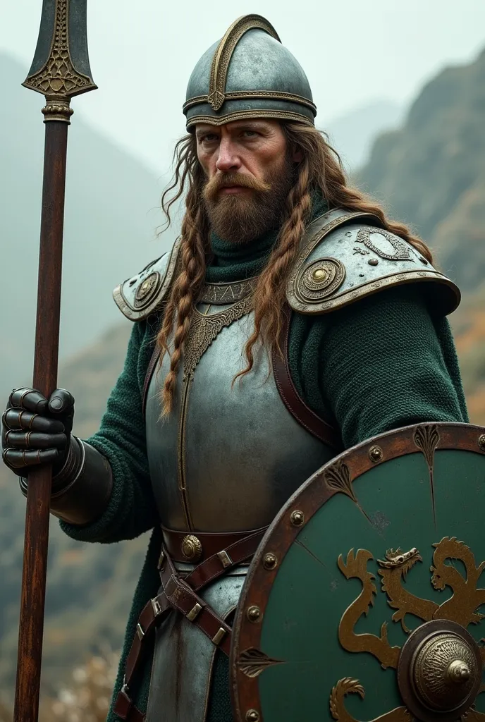 Can you draw me Sir Duncan Greenshore? He is a Norse knight from Westeros who has defeated Gregor Clegane in a joust. Duncan is a 32-year-old man, strong,  with green eyes, good rider, has long hair tied in braids, small at the temples and long behind, fal...