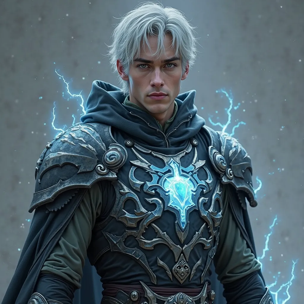 make me a 27 years old man with a silver hair green narow eyes he is wearing a for uper body is Storm-Forged Chestplate – A blackened steel chestplate with silver lightning veins running across it, pulsating like real thunderbolts when Knite gathers energy...