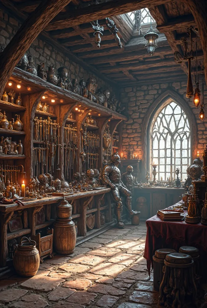 create detailed realistic  image, typical medieval fantasy inside of a shop building that offers mainly weapons, armor some other items, just shop without people