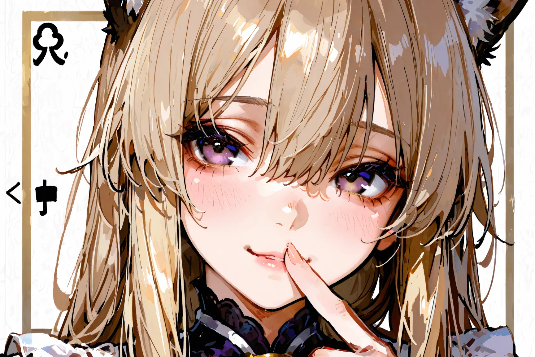 ((best quality)), ((masterpiece)), (detailed), perfect face Woman, purple eyes , with straight long blonde hair, hair inbetween eyes, _ As Autumn’s lips linger close, AnimeBliss gently places a finger against them, a soft but firm barrier between them. A w...