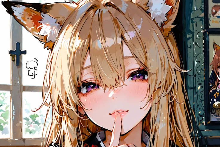 ((best quality)), ((masterpiece)), (detailed), perfect face Woman, purple eyes , with straight long blonde hair, hair inbetween eyes, _ As Autumn’s lips linger close, AnimeBliss gently places a finger against them, a soft but firm barrier between them. A w...