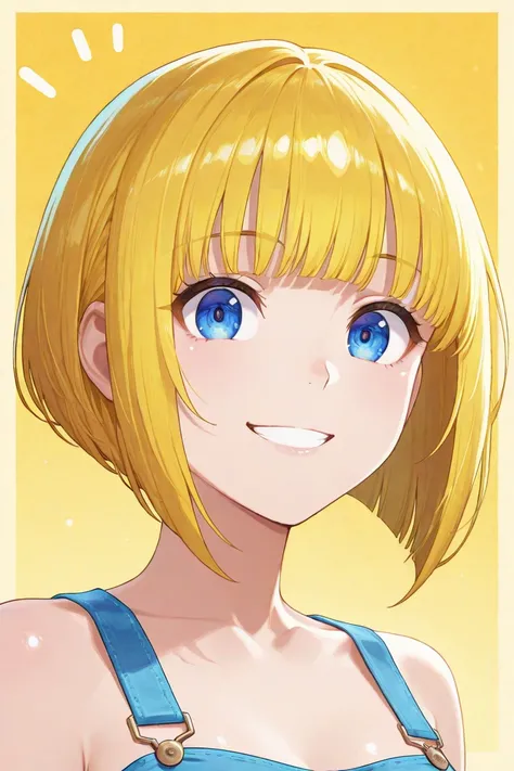 1 girl , Short hairShort bob yellow ,  blue eye , Blue bikini ,smile